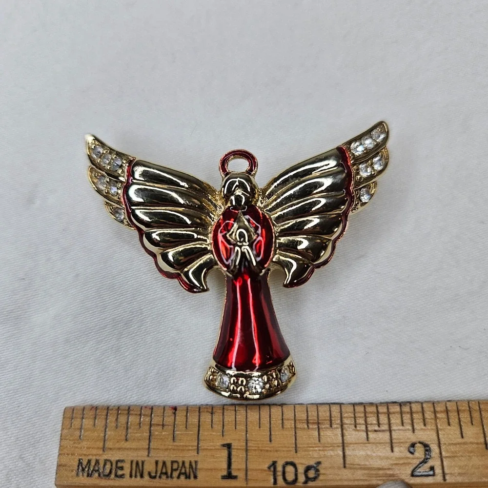 Monet Gold Tone Red Enamel Angel‎ Brooch Pin Rhinestone Wings Christmas Holiday